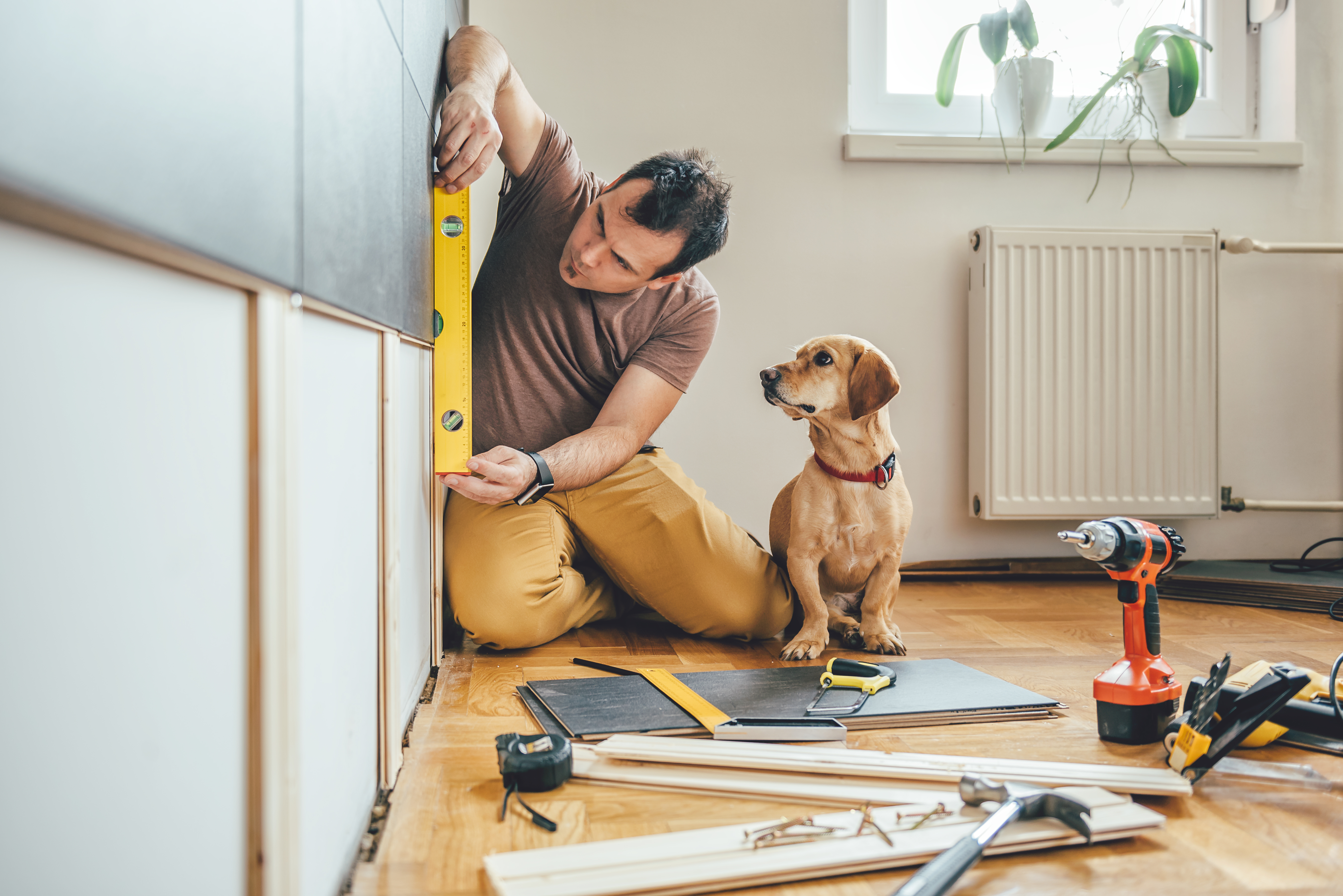 Man doing carpentry work while a dog looks at him